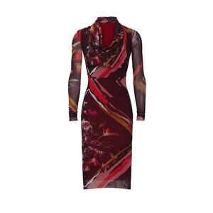 Fuzzi by Jean Paul Gaultier Red Printed Sheath Dress Long Sleeve Bodycon Midi